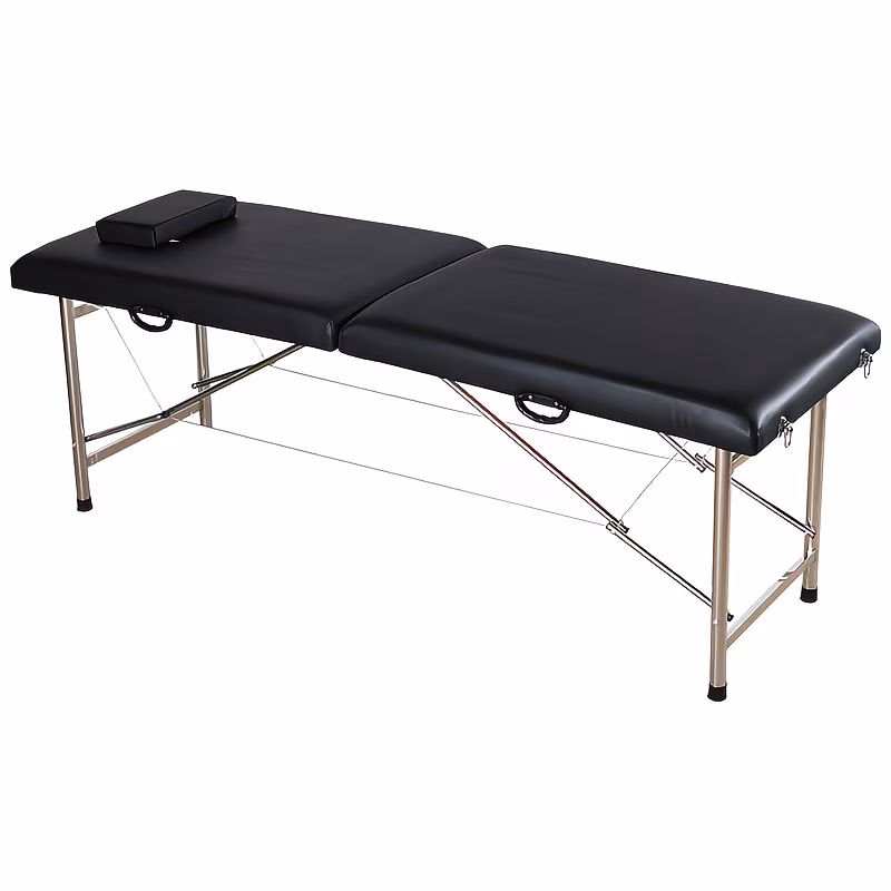 Black 2-Section Folding Massage Bed - Stainless Steel Frame
