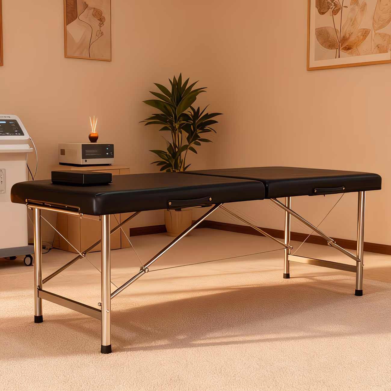 Black 2-Section Folding Massage Bed - Stainless Steel Frame