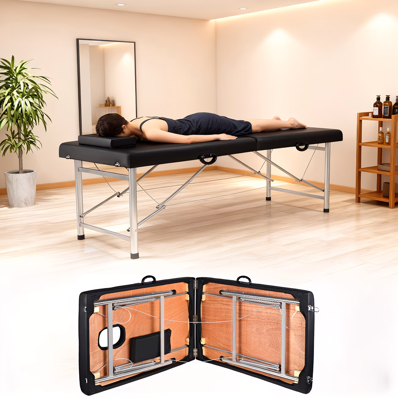 Black 2-Section Folding Massage Bed - Stainless Steel Frame
