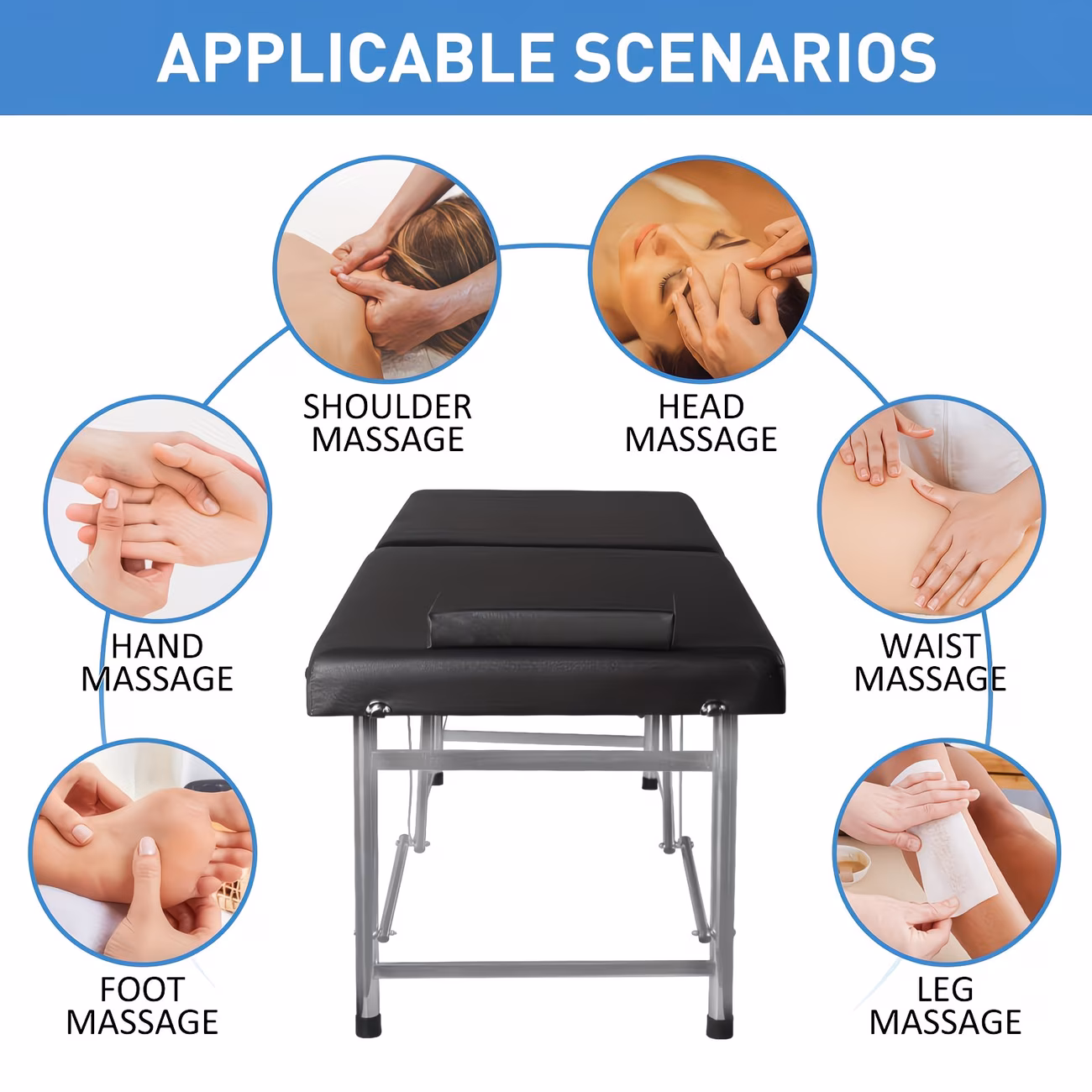 Black 2-Section Folding Massage Bed - Stainless Steel Frame